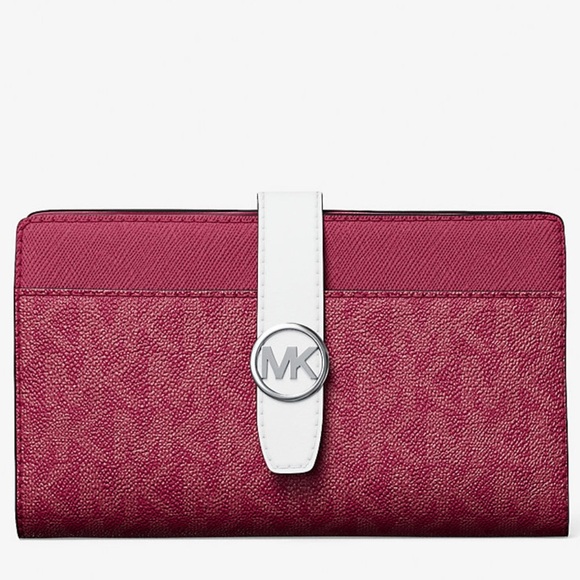Michael Kors Greenwich Medium Signature Logo Wallet Dark Raspberry Multi (NWT) - Picture 1 of 7